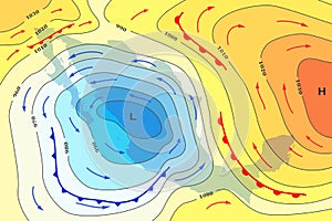 Weather forecast map of Mexico. Movement of cold front to country. Template of climate map for synoptic prediction with pressure,