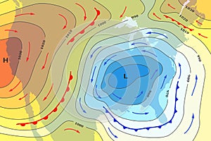 Weather forecast map of USA. Cold and warm fronts movement to America. Template of climate map for synoptic prediction