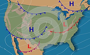 Weather forecast. Meteorological weather map of the United State of America. Realistic synoptic map USA with aditable generic map photo