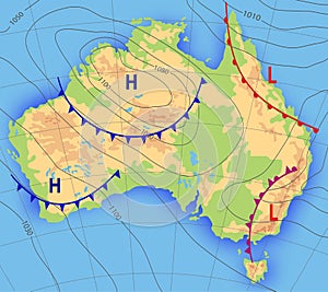 Weather forecast. Meteorological weather map of the AUSTRALIA. Realistic synoptic map Australia with aditable generic