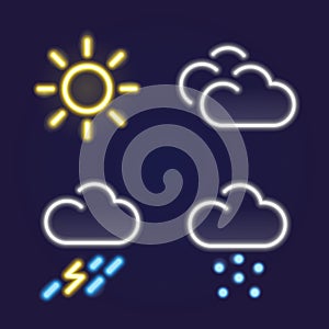 Weather forecast neon light icons set on a blue background. Meteorology.
