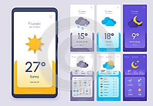 Daily weather forecast phone app in 3d paper cut style. Climate and atmosphere widget template for smartphone. Meteo