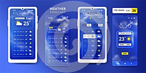 Weather forecast smartphone UI. Widget interface with graphic of sun, rain or snow icons. Atmosphere temperature