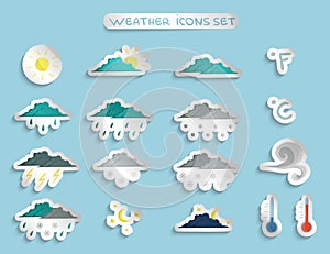 Weather forecast stickers or badges set