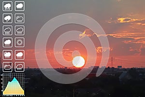 Weather forecast symbol data presentation with graph and chart on dramatic atmosphere panorama view of colorful twilight tropical
