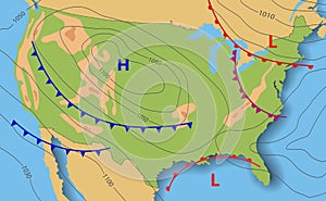 Weather forecast of USA. Meteorological weather map of the United State of America. Realistic synoptic map with aditable generic