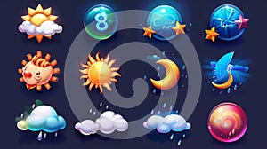 Weather forecast, weather icons, day and night symbols, hot and cold air temperature, sun and moon. 3D illustration, day