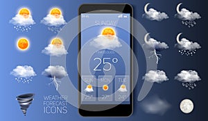Weather forecast widget app vector realistic application