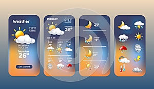 Weather forecast widget collection icon mobile application program with Rain Cloud Sun Snowing Windy and Sunlight symbol vector