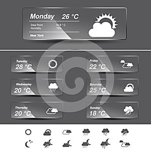 Weather forecast, widget, glass banners and symbols
