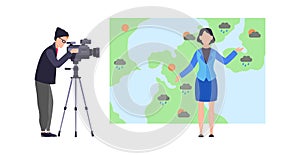 Weather forecast. Woman reporter standing on background of map with microphone and male operator with camera