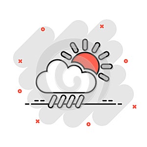 Weather icon in comic style. Sun, cloud and rain cartoon vector illustration on white isolated background. Meteorology splash