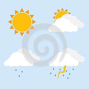 Weather icon. Partly cloudy, light rain, storm. Cloud, sun, drops of rain.