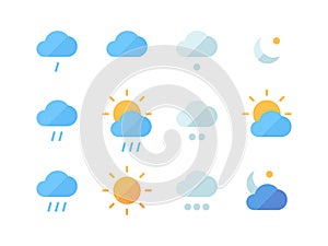 Weather icon set. Climatic changes in world heavy rainfall cold moderate clouds sunny month snowfall cloudy day clear