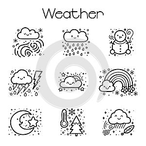 Weather icon set in doodle style, including snow, rain, thunderstorm and other meteorological symbols, vector illustration.