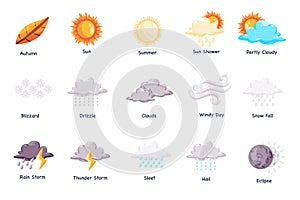 weather icon set illustration of rain autumn windy clouds to eclipse