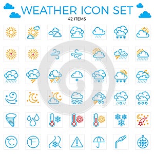 Weather icon set. Line icons.42 items. Clouds, sun, rain, umbrel