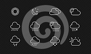 Weather icon set. Raining, snowing, sunny, cloudy. Vector on isolated black background. EPS 10