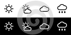Weather icon set. Sunny, cloudy, gloomy, and rain. Forecast or weather prediction