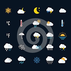 Weather icon set. Sunny, cloudy, rainy, stormy, hot degrees sun. Seasons. Vector illustration on black background