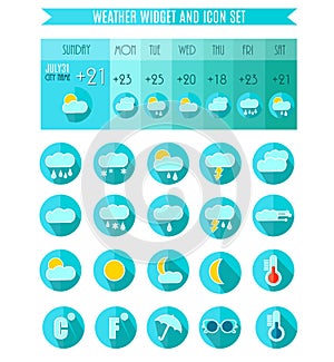 Weather Icon Set. Weater Widget. Blue Colors. Vector Illustration