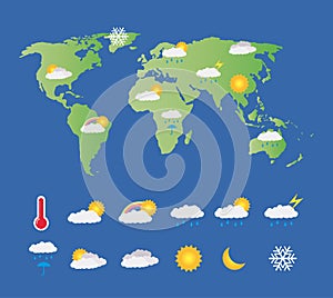 Weather icon set with world map