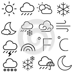 Weather icon vector set. Contains symbols of the sun, clouds, snowflakes, wind, rainbow, moon and much more.