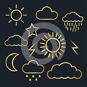 Weather icons for cloud,moon,sun,rain,thunder,star,gold color,vector illustrations