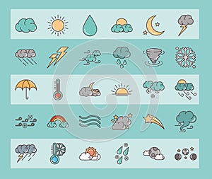 Weather icons contains of the sun clouds snowflakes wind rainbow, moon and more