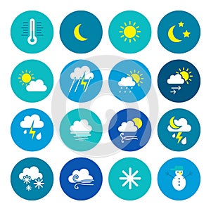 Weather icons. Weather emblem. Round icons with weather symbols and phases of the moon.