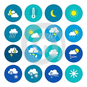 Weather icons. Weather emblem. Round icons with weather symbols and phases of the moon.