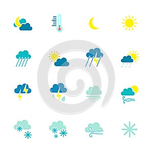 Weather icons. Weather emblem. Round icons with weather symbols and phases of the moon.