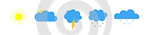 Weather icons. Forecast of weather. Symbosl of meteo forecast. Set of signs of cloud, sun, rain, cold and snow for climate.