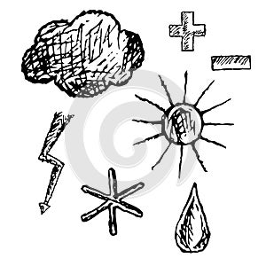 Weather icons. Hand drawn monochrome graphic cloud, raindrop, snowflake, sun. Objects on a white background