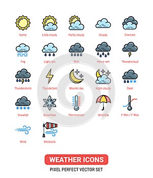 Weather icons kit. Icon set for application, widget or web site for weather forecasting. Color version of the icons on