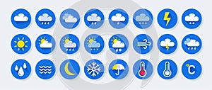 Weather icons. Meteorology forecast round signs. Precipitation and temperature prognosis. Sunny day with bright sunshine