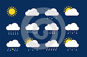 Weather icons. Season climate, precipitation rain and snow. Flat meteo report or forecast clipart elements. Sunny cloudy