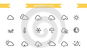 Weather icons set isolated. Line art. Editable. Signs and symbols. Modern simple style. Clouds, rain, snow, sun, cold, warm, night