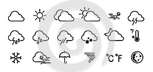 Weather icons set isolated on a white background. Clouds logo and sign collection. Black colors. Simple modern design. Flat style