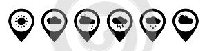 Weather icons set. Weather forecast icons set. Map marker with weather forecast. Pointer icon. Sunny and rainy day. Trendy flat