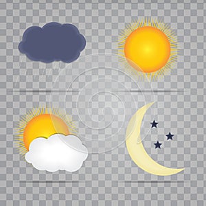 Weather Icons with Sun, Cloud, Rain and Moon Vector Illustration