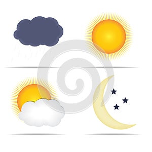 Weather Icons with Sun, Cloud, Rain and Moon Vector Illustration