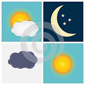 Weather Icons with Sun, Cloud, Rain and Moon Vector Illustration