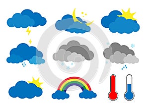 Weather icons. Symbols of rain, clouds,rainbow, snow,sun, hot and cold temperature. Meteo forecast icons vector set.