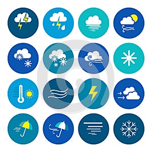 Weather icons. Weather emblem. Round icons with weather symbols and phases of the moon.