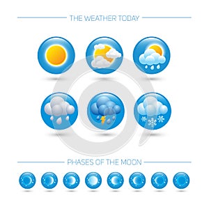 Weather icons. Weather emblem. Round icons with weather symbols and phases of the moon.