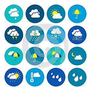 Weather icons. Weather emblem. Round icons with weather symbols and phases of the moon.