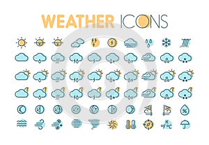 Weather icons. Weather forecast symbols and elements.