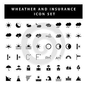 Weather and insurance icon set with black color glyph style design