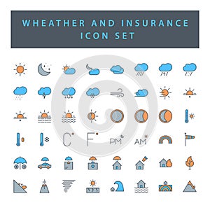 Weather and insurance icon set with filled outline style design